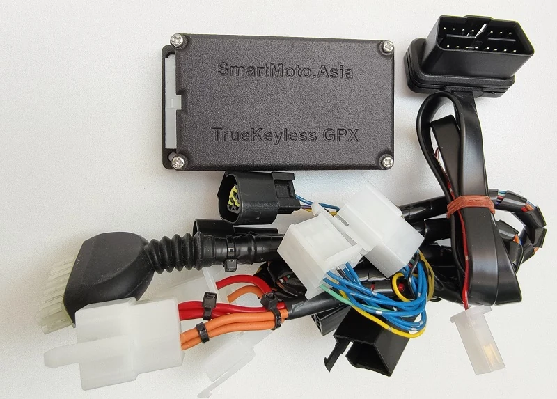 TrueKeylessGPX control unit with its labelled enclosure and dedicated GPX wiring harness