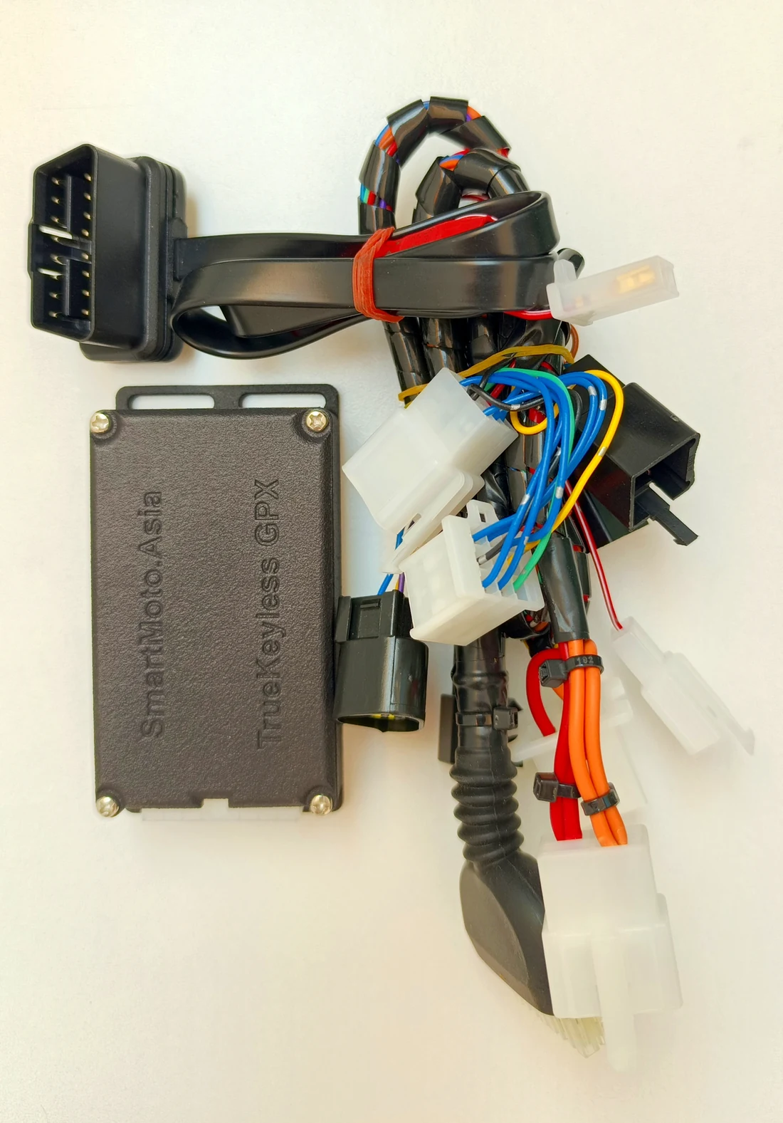 TrueKeylessGPX enclosure with its connector harness laid out alongside it