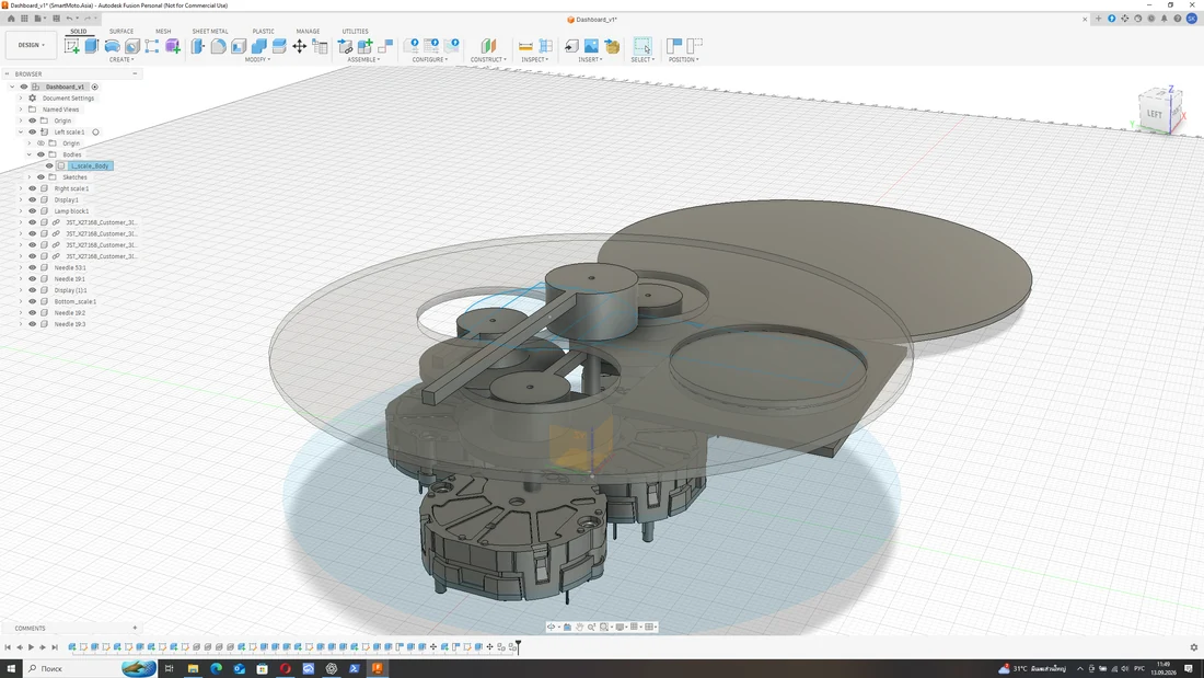 Angled Fusion CAD view showing gauge stepper motors beneath the dial plate, needles at different heights and a circular display opening