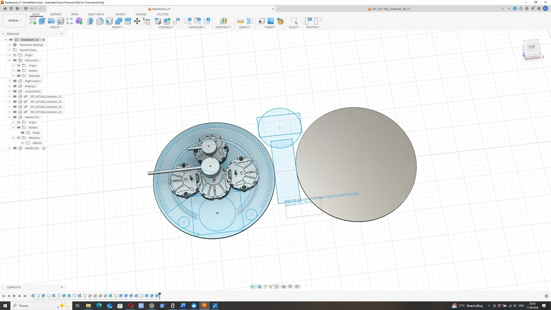 Early Autodesk Fusion CAD layout for the custom GPX instrument panel, showing gauge motors and a needle in the left housing beside the right instrument outline