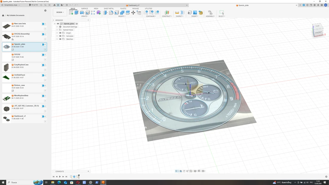 Fusion CAD dial-face study with a large outer scale and smaller sub-dials